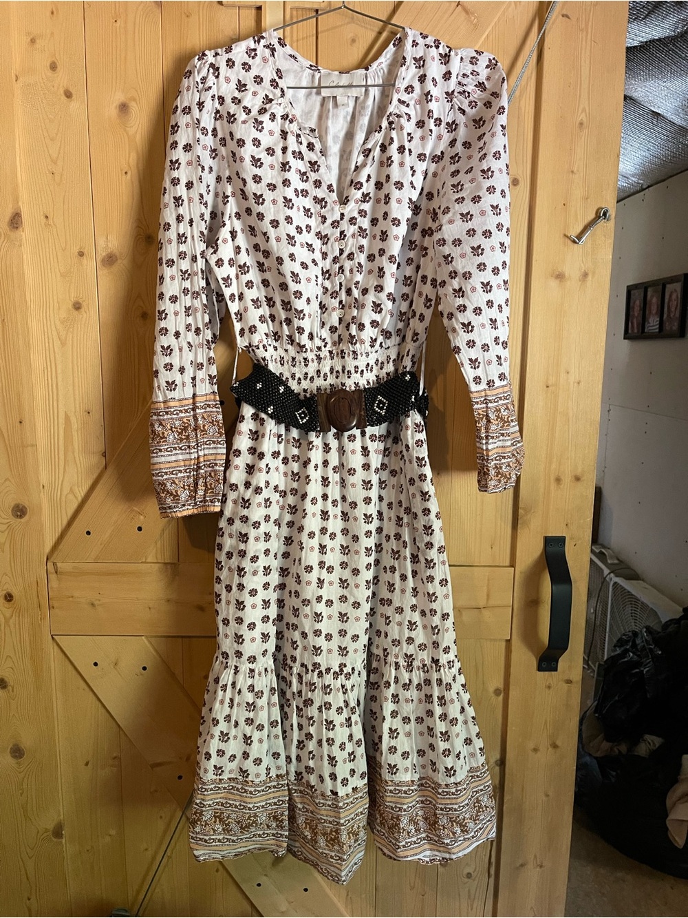 Cleobella Bohemian Floral Long Sleeve Midi Dress in Cream and Brown